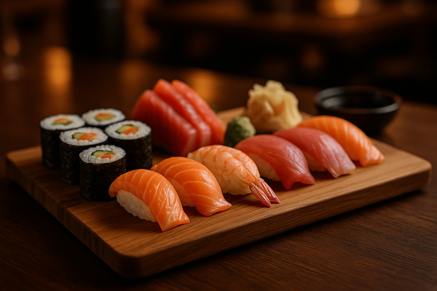 Bandeja de sushi variado con nigiri, maki y sashimi sobre tabla de madera