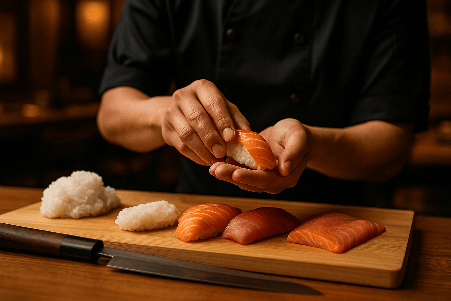 Cocinero preparando nigiri de salmón en barra japonesa con arroz y pescado fresco