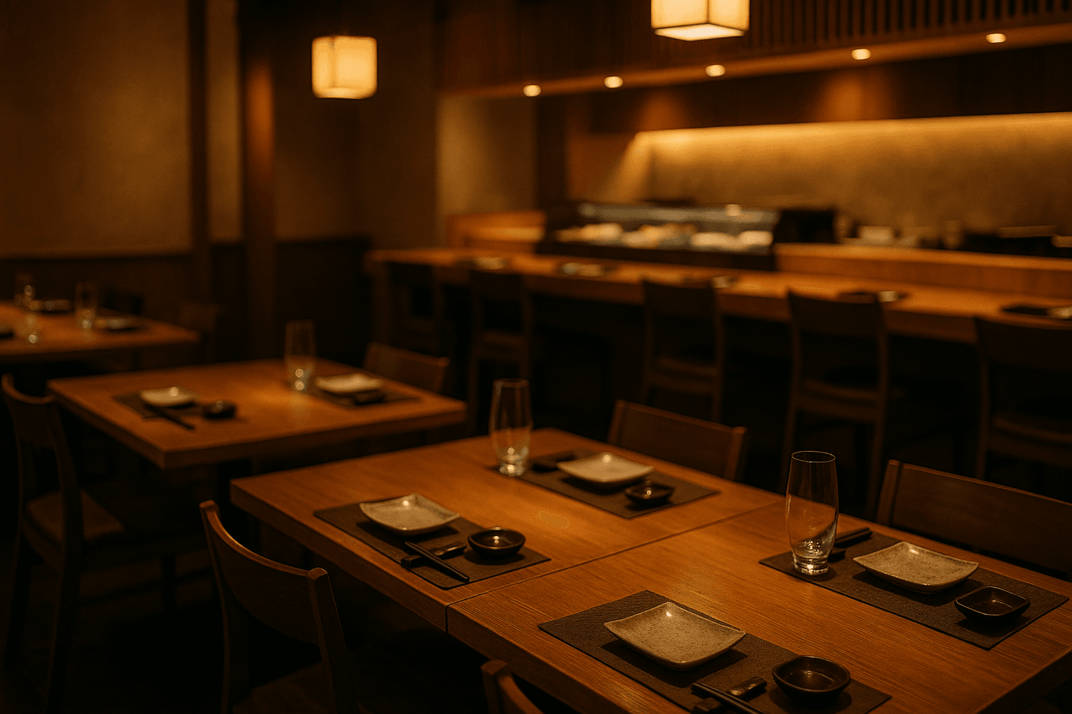 Interior de restaurante japonés con mesas preparadas, luz cálida y barra de sushi al fondo