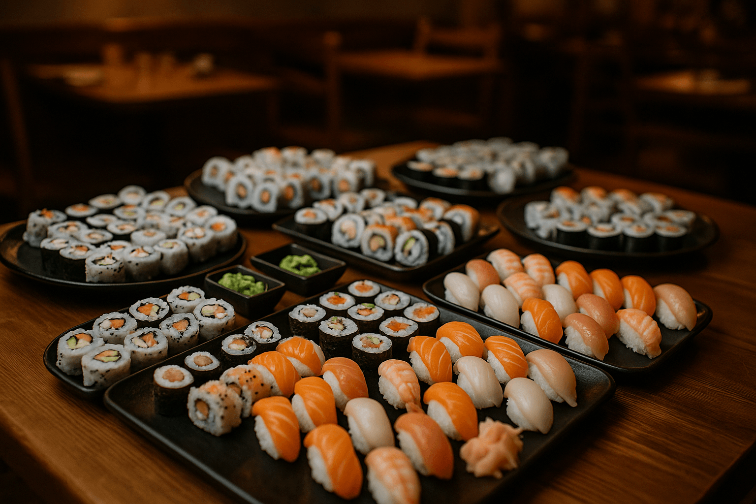 Buffet libre japonés en Granada con sushi, makis y niguiris sobre mesa de madera