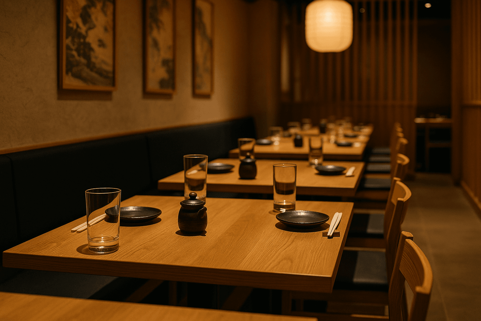 Interior de restaurante japonés en Granada con mesas preparadas y decoración minimalista