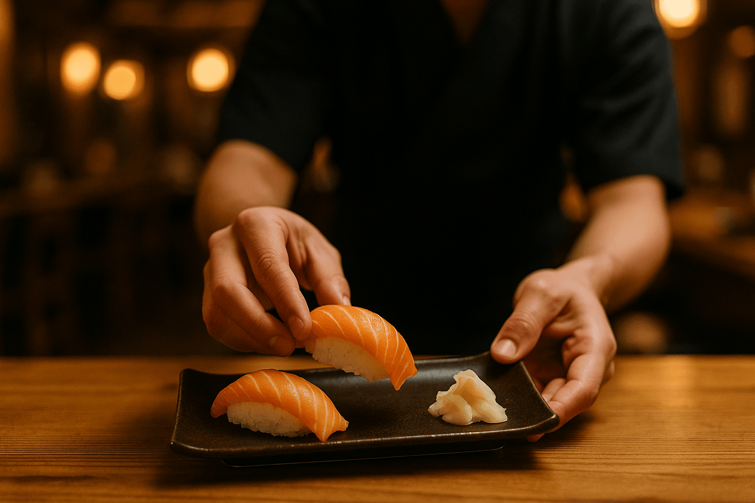 Manos sirviendo nigiri de salmón en un restaurante japonés con ambiente cálido