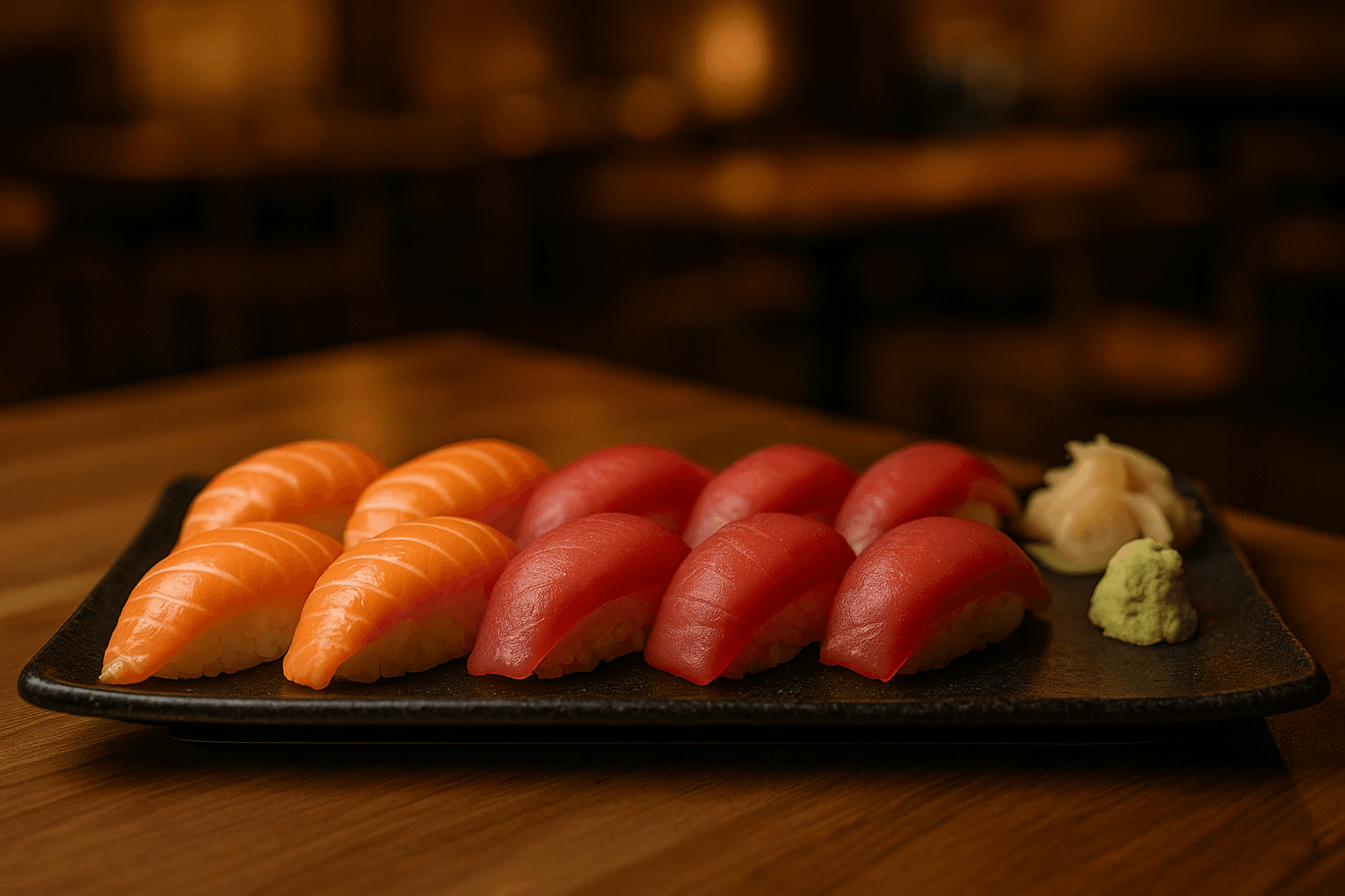 Bandeja de nigiris de salmón y atún recién preparados en restaurante japonés