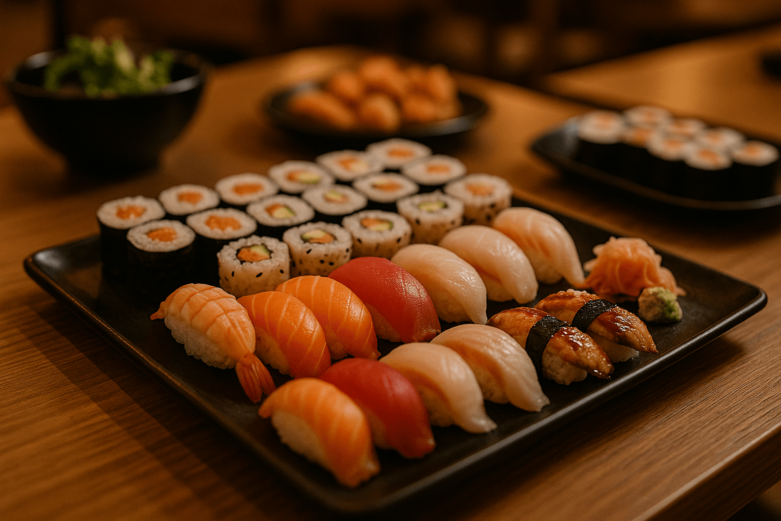 Buffet libre japonés en Paterna con bandeja de sushi variado, nigiris y makis sobre mesa de madera