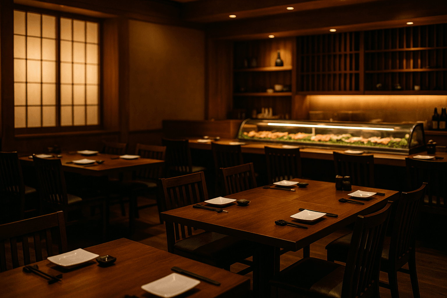 Interior de restaurante japonés con mesas preparadas y barra de sushi iluminada